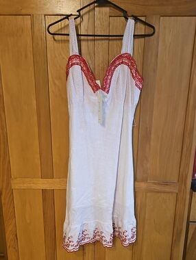 White Midi Slip Dress with Red Lace Trim - Women's Dress